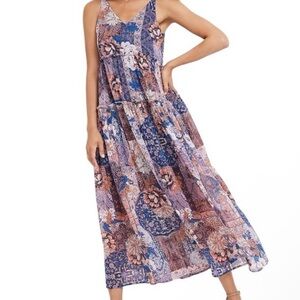 Boho Floral Patchwork Maxi Dress in Navy and Brown